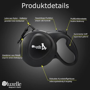 Рулетка для собак Bluzelle 8м, до 50кг, Neon-Yellow, з металевим карабіном 360°, зручний ручний гальма, чорний гумовий ручка