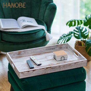Декоративний дерев'яний піднос Hanobe XXL 55x40 см, білий, з ручками, для сервірування та декору вітальні, кухні, у стилі кантрі