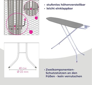Відпарювальна дошка STAHLMANN® 114x34 см сірого кольору з неслизькими ніжками – міцна та стабільна – Made in EU