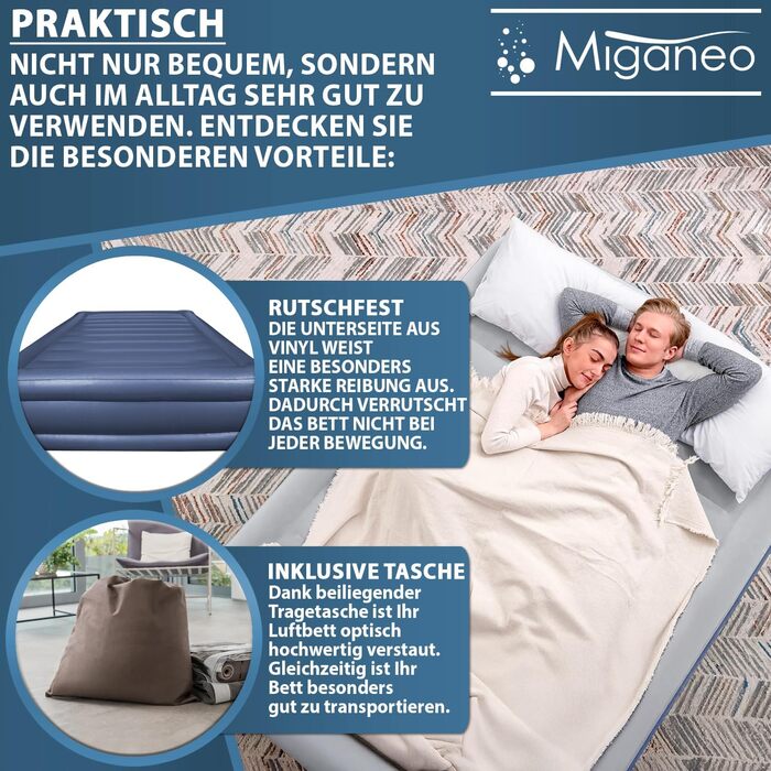 Надувний матрац Miganeo Premium XL 203x152x51 см з електронасосом та антимікробним покриттям (до 300 кг)