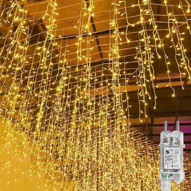 Ланцюжок прикрас 10 м, 400 LED, світлоний завіс, для внутрішнього та зовнішнього використання, з EU-штекером, 8 режимів, ефект морозного дощу, тепле біле світло