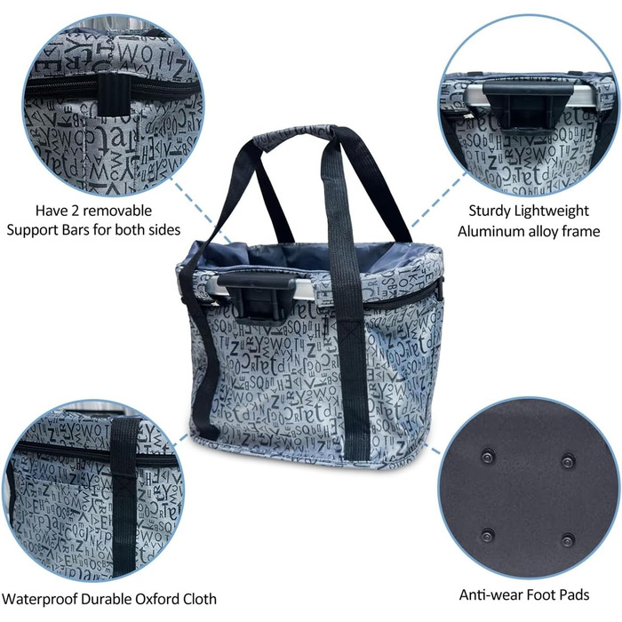 Складаний водонепроникний кошик на кермо велосипеда, знімний, з алюмінієвого сплаву, для собак та котів, для походів, пікніків та покупок (Чорний/Сірий)