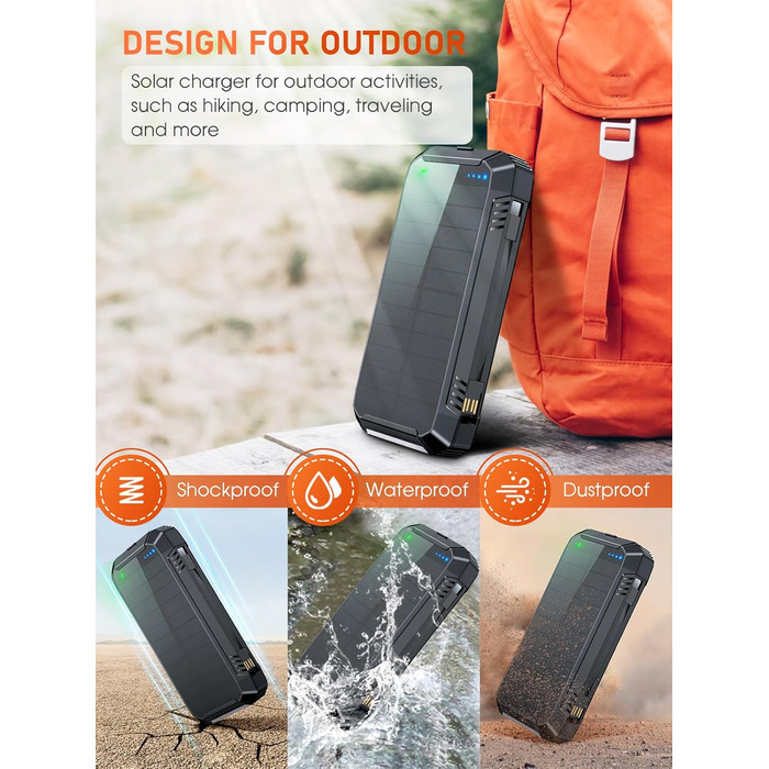 Портативний зарядний акумулятор Solar Powerbank 49800mAh з сонячною панеллю, PD 30W, USB-C, бездротова зарядка 15W, LED-індикатор, ліхтарик, 4 виходи, 2 входи, чорний