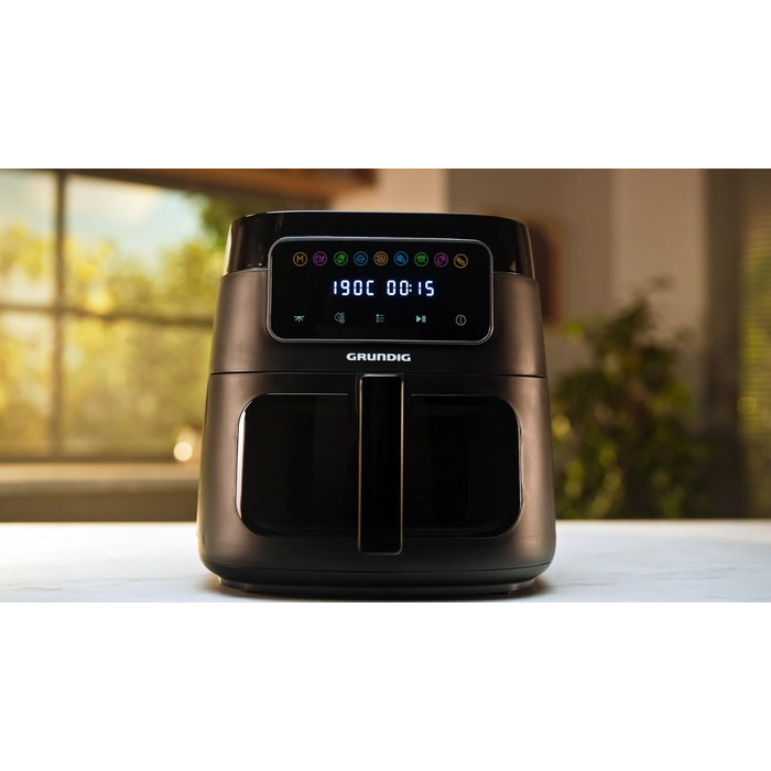 Аерофритюрниця Grundig FRY 7320, 7,6 л, 1750 Вт, сенсорний дисплей, велике оглядове вікно, регулювання температури і часу, антипригарне покриття, кошик для посудомийки, чорна
