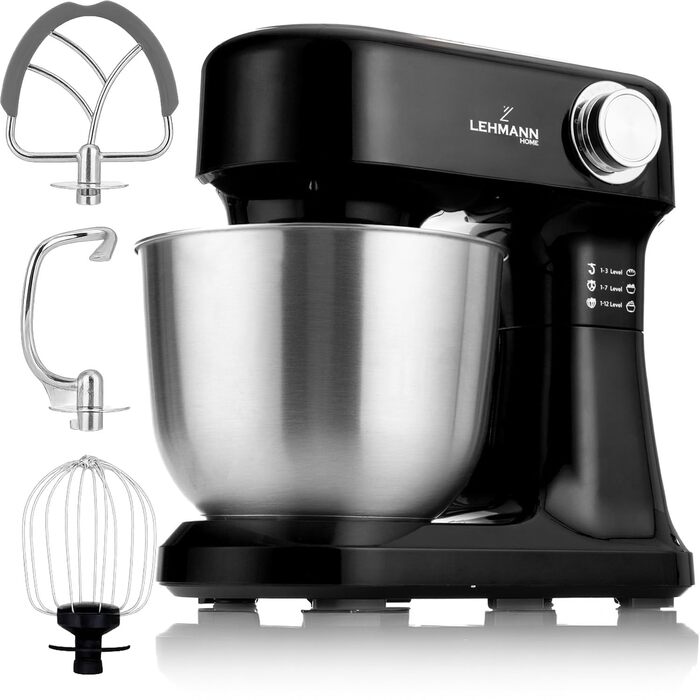 Кухонний комбайн-міксер LEHMANN з набором аксесуарів, 1500 Вт, 12 швидкостей, чаша 5 л, захист від перегріву, планетарний міксер з 3 насадками та захистом від бризок, чорний