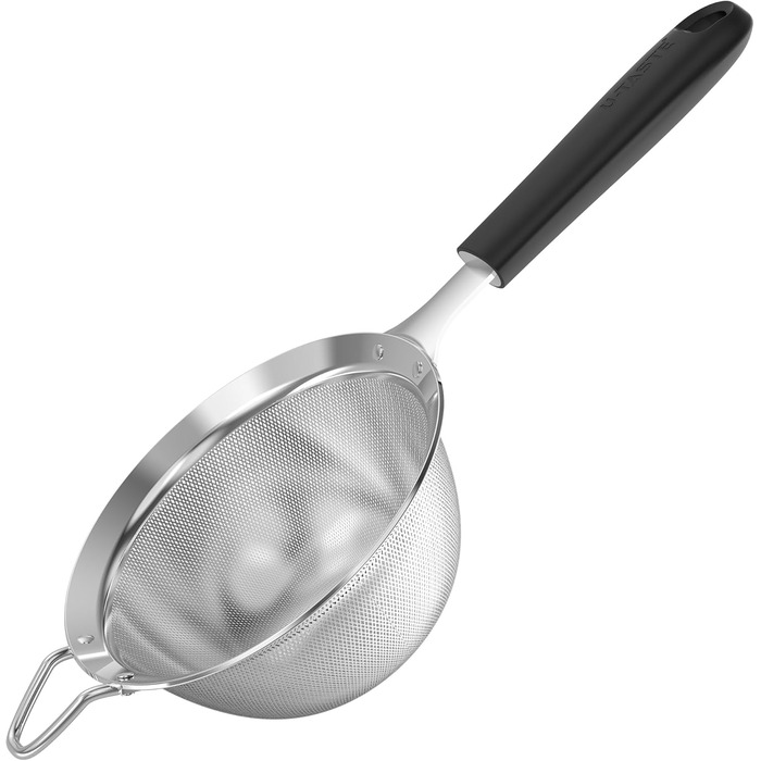 U-Taste Fine Mesh Sieve: Kitchen sieve made of 18/8 stainless steel, medium-sized metal sieve with a riveted, stable silicone handle for sifting flour, draining tea, rice, quinoa (Black, 12 cm)