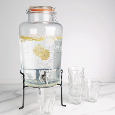 Olympia Nantucket Style Drink Dispenser with Wire Stand - Lockable Lids, Retro Stainless Steel Tap Glass Dispenser - 155(H)x200(W)x150(D)mm