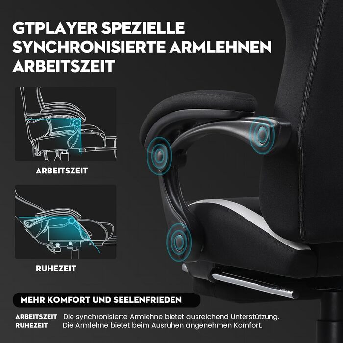 Ігрове крісло GTPLAYER синє, ергономічне, тканинне, з підставкою для ніг, регульоване, дихаюче, комп'ютерне крісло для геймерів та офісу