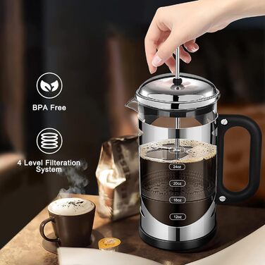 YMMIND 963.9 g French Press Coffee Maker Copper Stainless Steel Coffee Press, with 4-Stage Filtration System, Heat-Resistant Thick Borosilicate Glass, BPA-Free Brewed Coffee Pot for Camping Gifts (Silvery-r)
