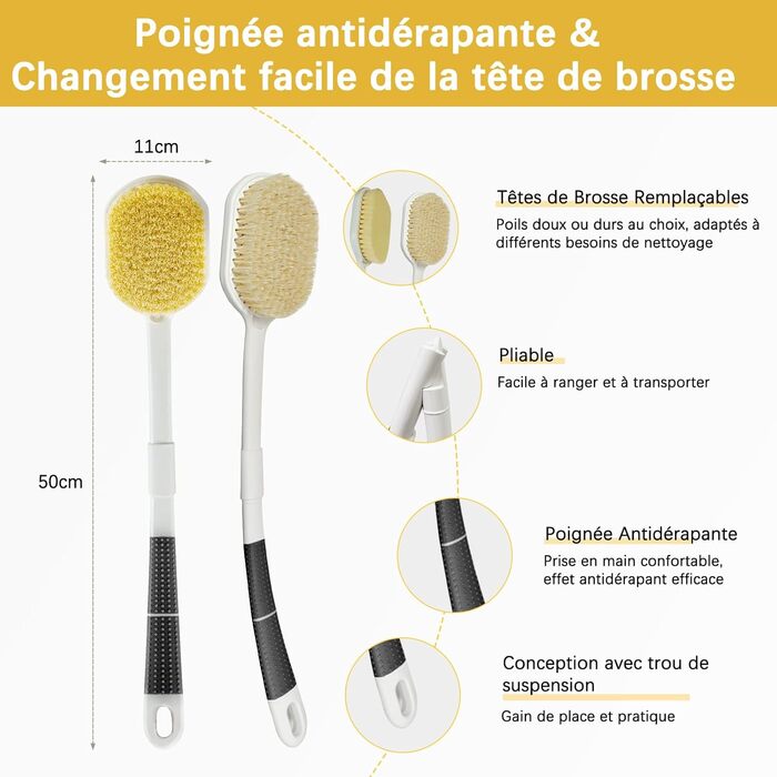 Рюкенbürсте для спини 50 см: складана щітка для душу з довгим руків'ям для ексфоліації, суха щітка для душу, щітка для ванни з змінною насадкою, підходить для людей похилого віку