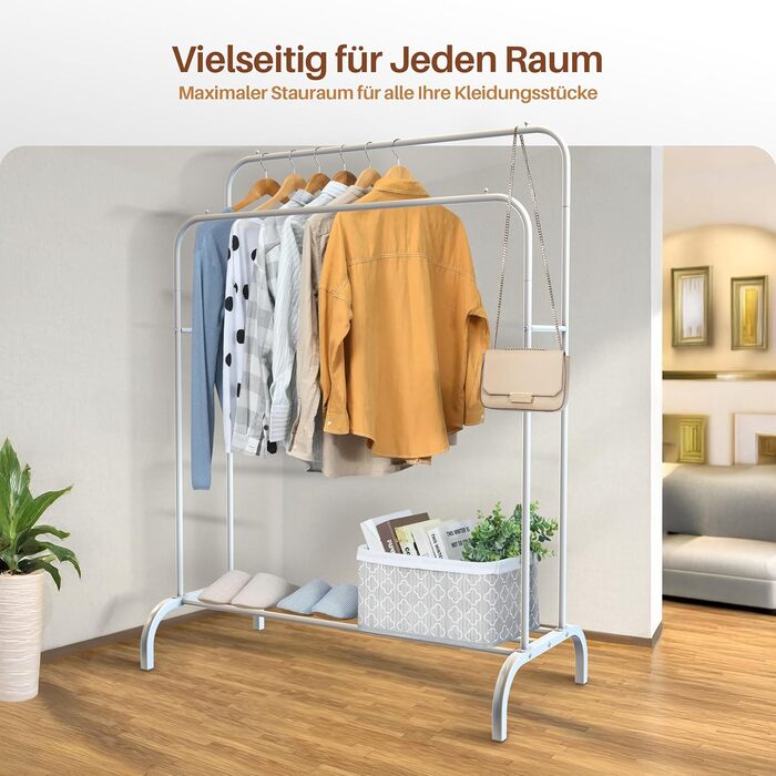 Підставка для одягу PORTENTUM: сталева, до 35 кг, з подвійною перекладиною та полицею для взуття, протиковзкі ніжки, захисні кінчики, швидкий монтаж, білий (без вішалок)