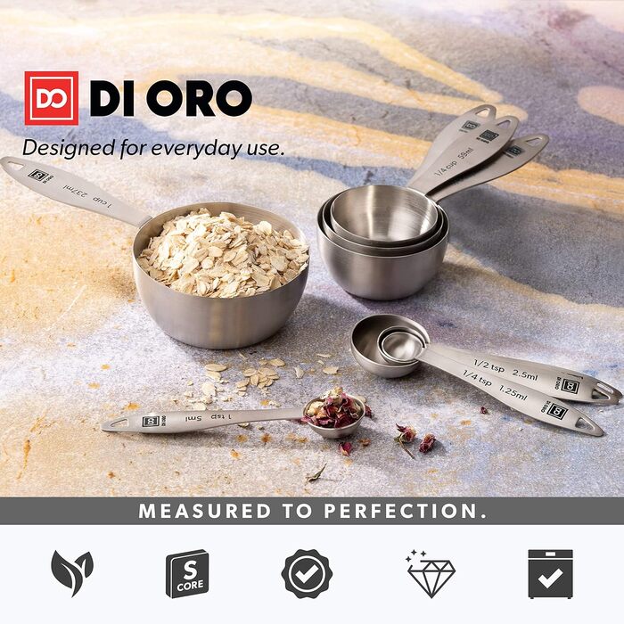 Набір мірних ложок DI ORO® з нержавіючої сталі - зручні мірки, для сухих та рідких інгредієнтів, кухонні аксесуари для приготування та випікання, безпечні для миття в посудомийній машині