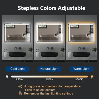 Дзеркало з підсвічуванням 70x50 см для ванної кімнати, сенсорне керування, антизапар, 3 кольори світла, регулювання яскравості