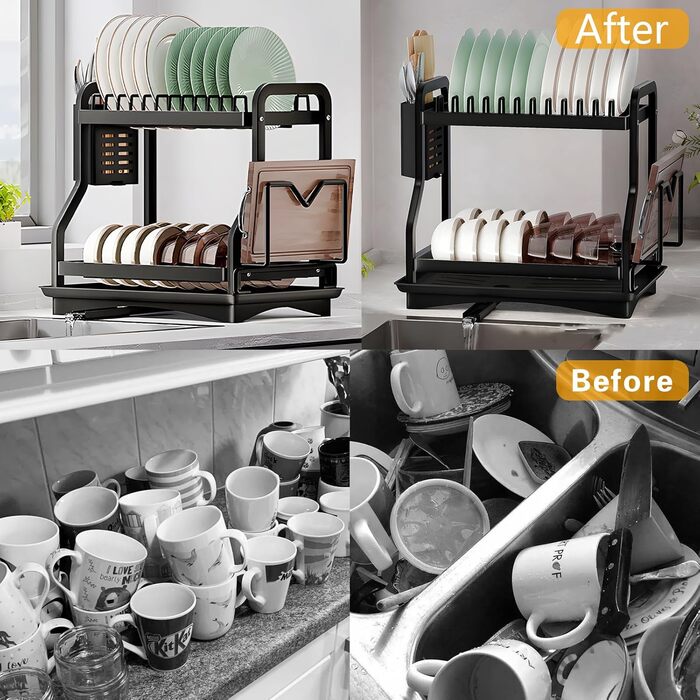 Сушарка для посуду з нержавіючої сталі з двома ярусами, з підставкою для обрізки, тримачем для чашок, столових приборів та зливною чашею. Ідеальна для кухні.
