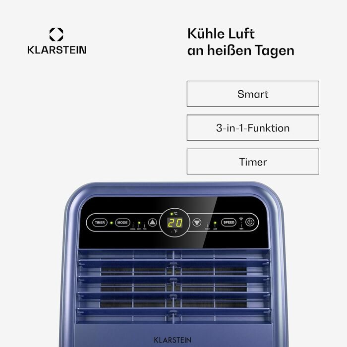 Мобільний кондиціонер Klarstein з випускним шлангом, 4-в-1: кондиціонер, вентилятор, осушувач повітря та нічний режим, компактний та портативний для дому та офісу, низьке енергоспоживання, 7000 BTU, білий (7000 BTU, блакитний)