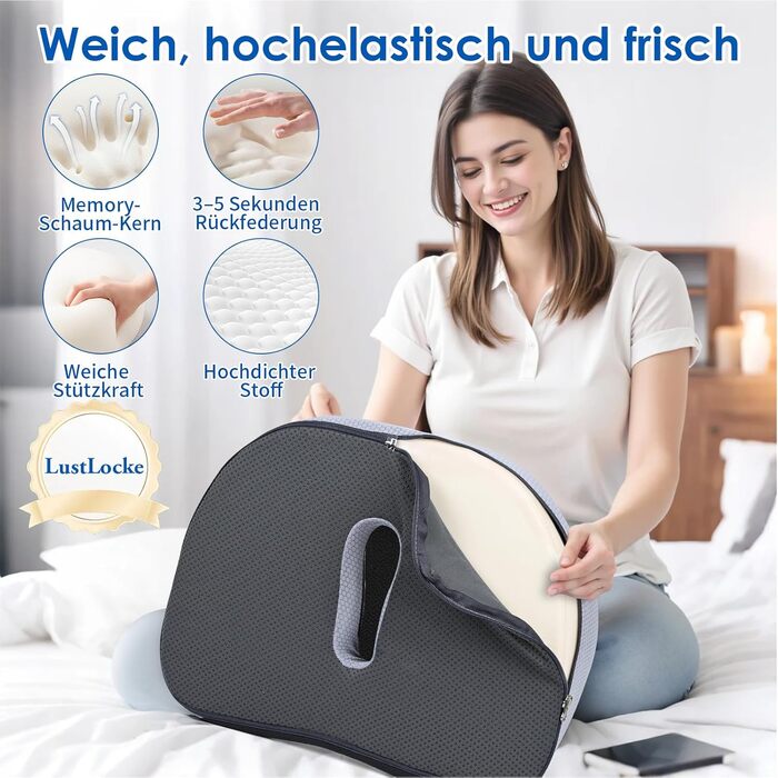 Ортопедична подушка для сидіння LustLocke з піною Memory Foam, для полегшення болю в куприку, геморої, для автомобіля, дивана, офісу та інвалідного візка, сірого кольору