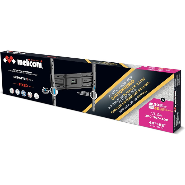 Настінний кронштейн для телевізора Meliconi Slimstyle Plus 400 S, фіксований, для ТВ 40-82 дюймів, VESA 200-300-400, для гіпсокартону, Made in Italy