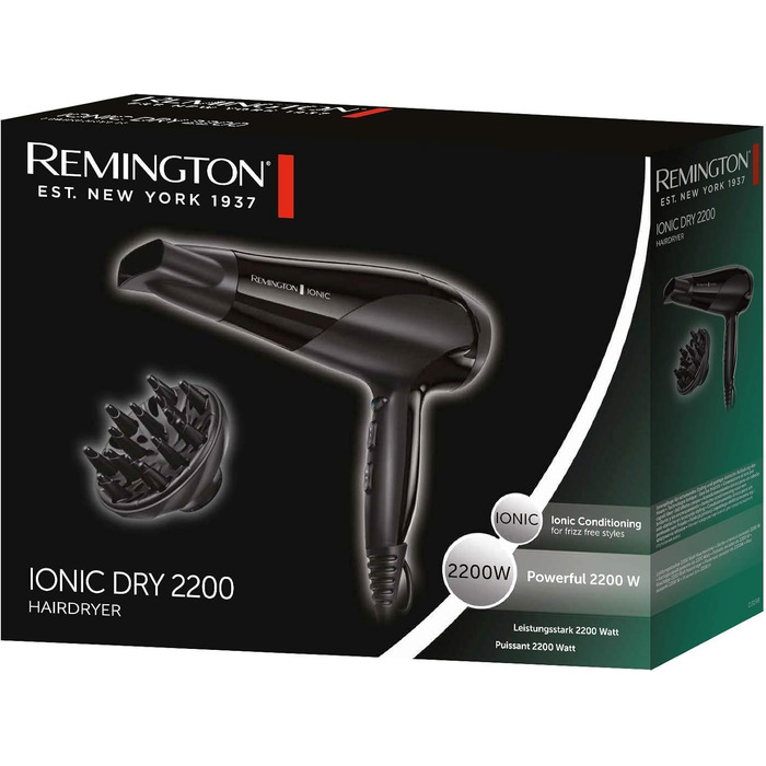 Фен Remington D3198 з іонізацією, чорний (2200W) з насадкою-дифузором та насадкою для укладки, 3 режими нагріву, 2 режими обдування + режим охолодження
