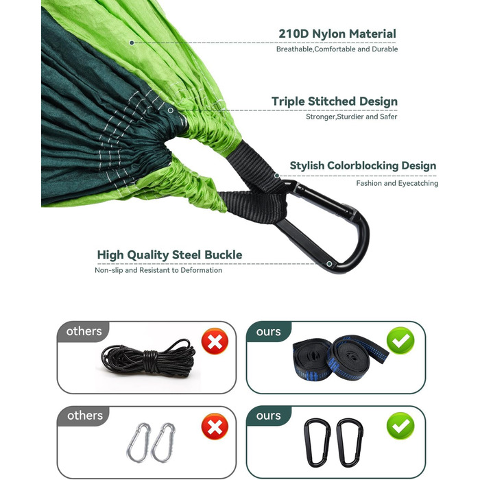 Гамак OTraki для відпочинку на природі 270x140 см: легкий, портативний, нейлон. Ідеально для саду, балкону, кемпінгу та дому.