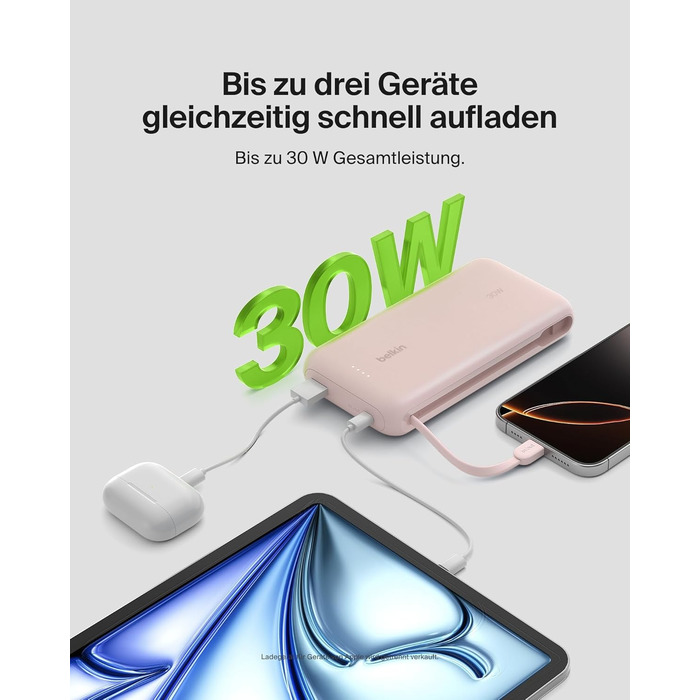 Повербанк Belkin Portable Powerbank 20000 mAh з вбудованим кабелем USB-C, швидка зарядка PD 30W для iPhone 16, iPad Pro, Samsung Galaxy S25, рожевий