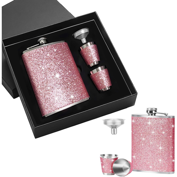 Набір фляг з нержавіючої сталі, рожевий, 8oz/240ml. Фляга з нержавіючої сталі та 2 склянки для шотів. Ідеально для подорожей, вечірок та подарунків.