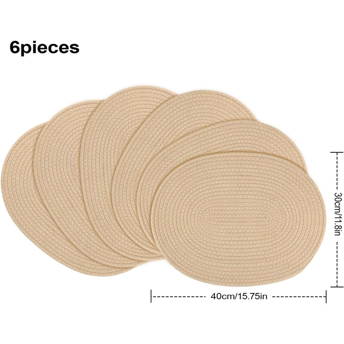 Fanquare Oval Woven Placemats Set of 6 Beige Cotton Rope Braided Placemats Heat-Resistant Washable Non-Slip Table Mats for Kitchen Dining Table, Home Decoration 30x40cm