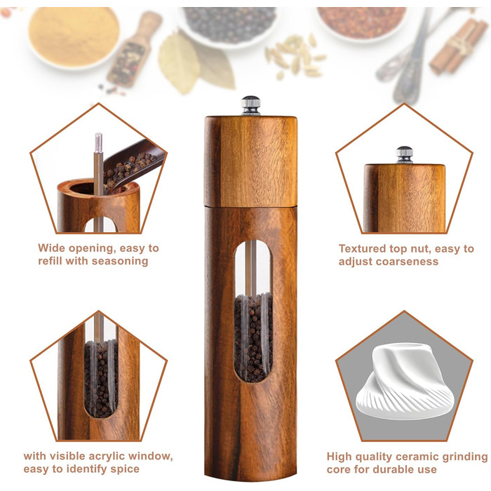 Механічна водяна млин для перцю та солі, набір 2 шт. з регулюванням помелу, керамічний жорно, з підставкою, 21.5 см