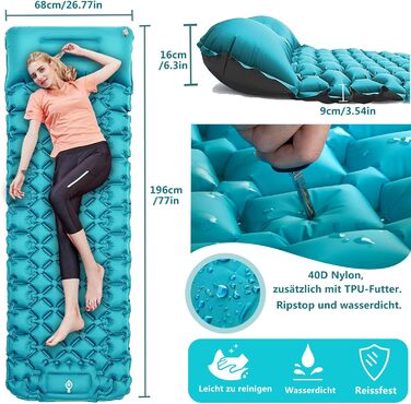 Саморозкладаний килимок для кемпінгу Isomatte - 9 см, надувний килимок для сну, повітряний матрац, туристичний килимок з насосом для авто, намету, трекінгу, пляжу (блакитний/сірий)