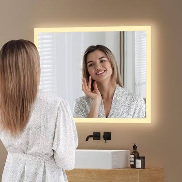 Дзеркало для ванної кімнати EMKE® з підсвічуванням 80x60 см, тепле біле світло 3000K, вимикач, вертикальна/горизонтальна установка, IP44, енергозберігаюче