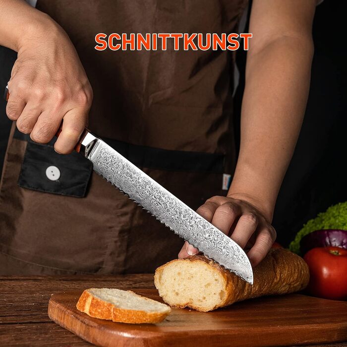 Bread Knife Wavy Edge Damascus Bread Slicing Knife with Extremely Sharp 20 cm Blade Made of 67 Layers VG-10 Damascus Steel, Wooden Handle, Gift Box