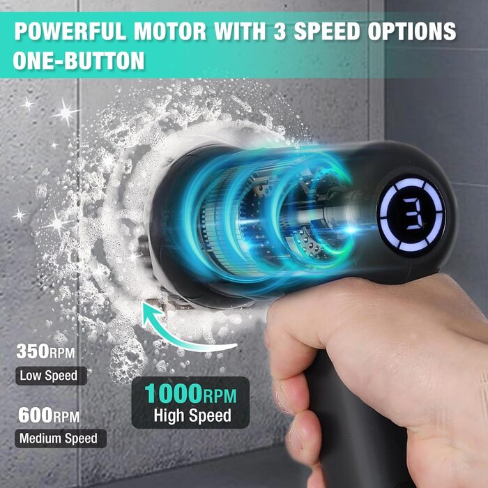 Електрична щітка для прибирання HAUSHOF з акумулятором, підставка, LCD дисплей, 3 швидкості, скрубер з 7 насадками та точилка для ножів, для ванної, кухні, плитки