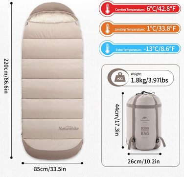 Спальний мішок Naturehike B300 для дорослих, легкий теплий кокон з бавовни для кемпінгу та походів, коричневий