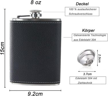 Фляга з нержавіючої сталі 8oz (240 мл) з подарунковим набором: два стаканчика та воронка. Чорна шкіряна фляга з візерунком лічі. Підходить для алкоголю.
