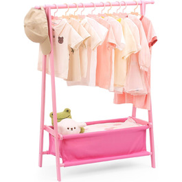 Relquorax Bamboo Children's Clothes Rack with Storage Bag and Clothes Rail, Dress-up Stand, Small Wardrobe Rack, for Costumes in Children's Rooms (Pink)