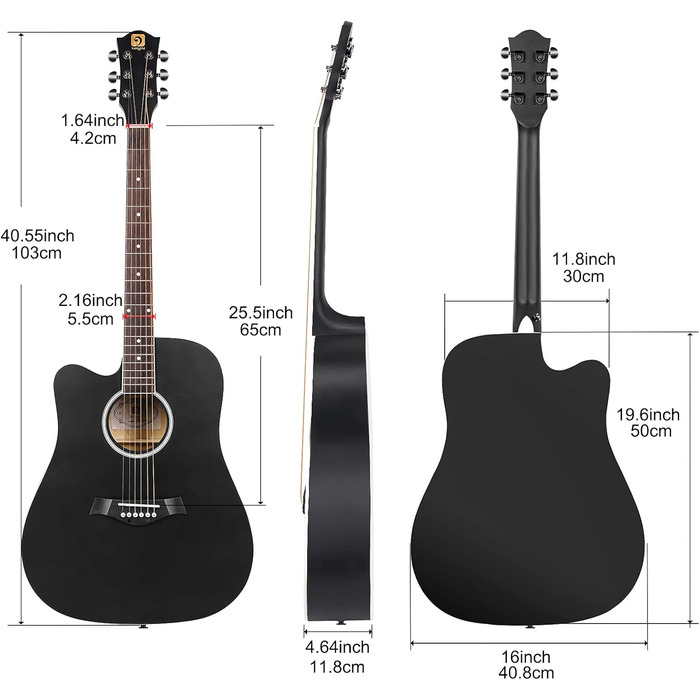 Акустична гітара Vangoa 4/4 для початківців та дорослих, чорна, з каподастром та чохлом