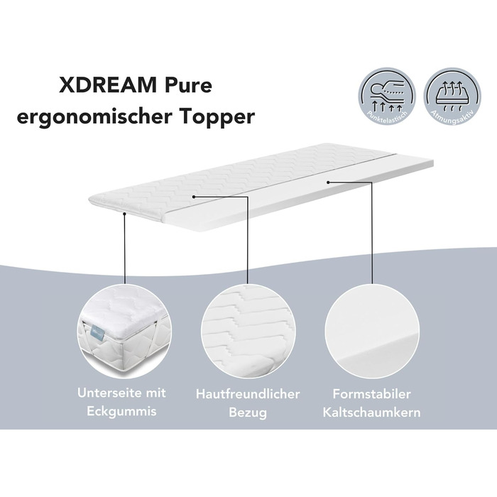 Топер для матраца XDREAM Pure 140x200 см з ергономічним високоякісним холоднопінним наповнювачем, стрічками для фіксації, сертифікат Öko-Tex