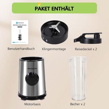 Блендер Aigostar для смузі, Mini Standmixer, 600W, 2 пляшки 800мл з кришкою, 2 швидкості + імпульсний режим, подрібнення льоду, пляшка Tritan, без BPA. Baron