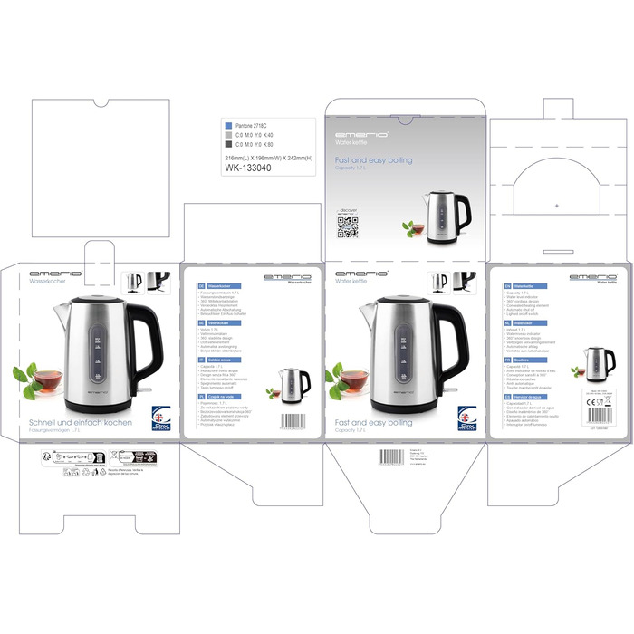 Електричний чайник EMERIO з об'ємом 1.7 л, синя LED-підсвітка, 360° підставка, скло Borosilikat, без BPA, WK-119988.7