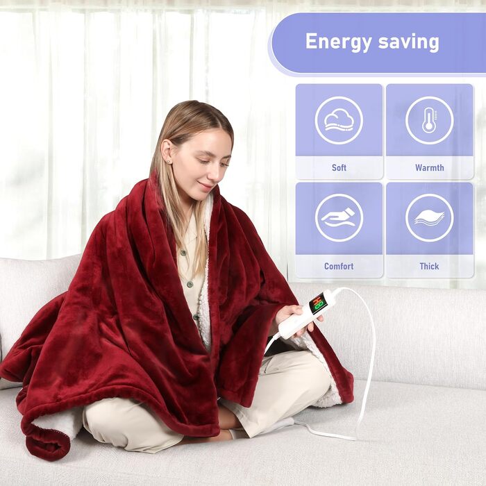 Електрична ковдра Qieryun з автовимкненням, 130x180 см, 10 режимів нагріву, таймер 8 годин, захист від перегріву, флісова ковдра, пральна машина, для дому та офісу (червона, 150 x 180 см)