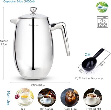 Easyworkz Nando French Press 1000ml Coffee Maker French Press, double-walled, insulated, Thermo Coffee Machine, 304 Stainless Steel