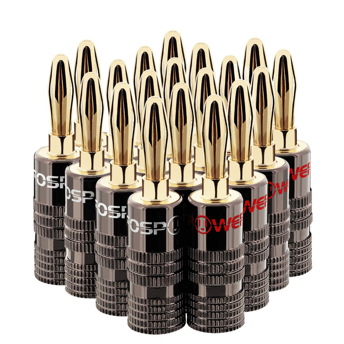 Позолочені бананові роз'єми FosPower для акустичних кабелів, сабвуфера та стінових панелей, 24K золото, High-End (10 пар / 20 шт), червоні та білі