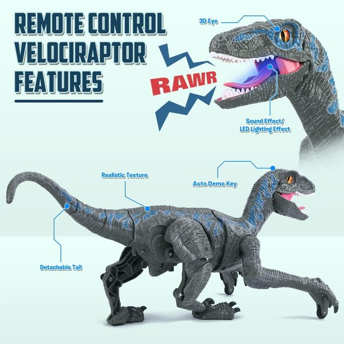 Дитяча іграшка-динозавр на радіоуправлінні Velociraptor, електронний, з LED підсвіткою та реалістичними звуками, 2.4 ГГц, подарунок для дітей, сірий