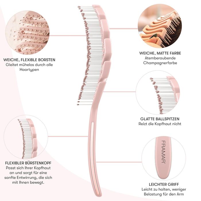 FRAMAR Щітка для волосся без шуму - професійна фен-щітка для сушіння та розчісування волосся, для довгих волосся, для жінок (Flex - Champagne)