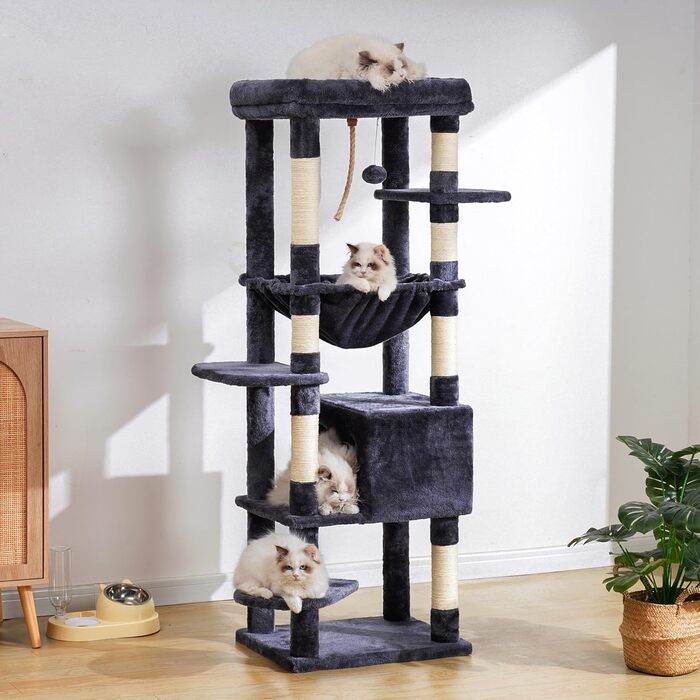Котячий будиночок Heybly Kratzbaum з декою, для великих котів, котячий комплекс, великі платформи, гніздо, 50 x 50 x 153 см, HCT050MU (димно-сірий)