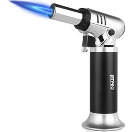 Газовий запальник Butan з регульованим полум'ям для кухні, випічки, барбекю, паяння, з віконцем рівня газу та блокуванням безпеки (срібний)