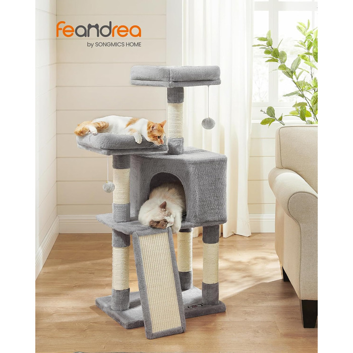 Дряпальня для котів Feandrea, кігтеточка з платформою, м'який плюш, сірий колір, 115 см, повністю обмотана сизалем, 50L x 35B x 115H см
