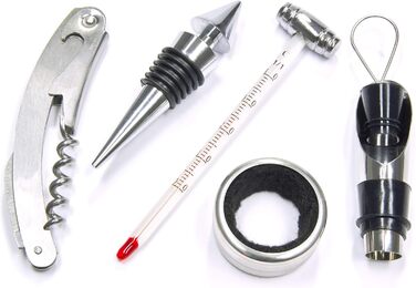 Набір аксесуарів для бару BRUBAKER 6-в-1 з ящиком для вина - дизайн з благородного дерева - набір сомельє з нержавіючої сталі з виливальником + пробкою + термометром для вина + кільцем від крапель - подарунковий набір сріблястого кольору