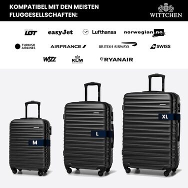 Набір валізWITTCHEN 3в1: велика, середня, маленька. Чорний, ABS, з коліщатками на 360°, TSA-замок. Підходить для Lufthansa, Eurowings, Ryanair, Condor