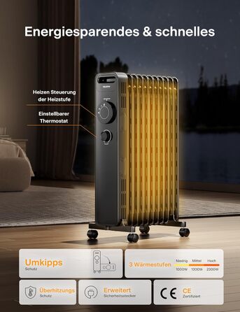 Масляний радіатор PELONIS 2300W з J-подібними ребрами, 3 режими нагріву, термостат, тихий, захист від перекидання, енергоефективність A, для спальні, вітальні, офісу, 11 ребер, чорний (без пульта)