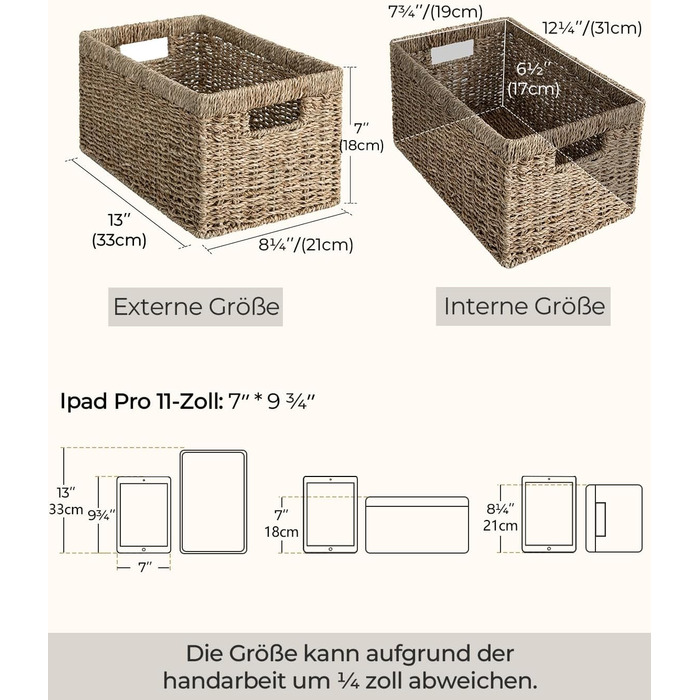 StorageWorks Woven Watermelon Basket Set of 2, Storage Baskets Woven from Watermelon Rind, 33x21x18cm Watermelon Storage Basket Rectangular Shelf Basket with Double Handle for Gifts (Natural Color (Seagrass), 33cmx21cmx18cm)